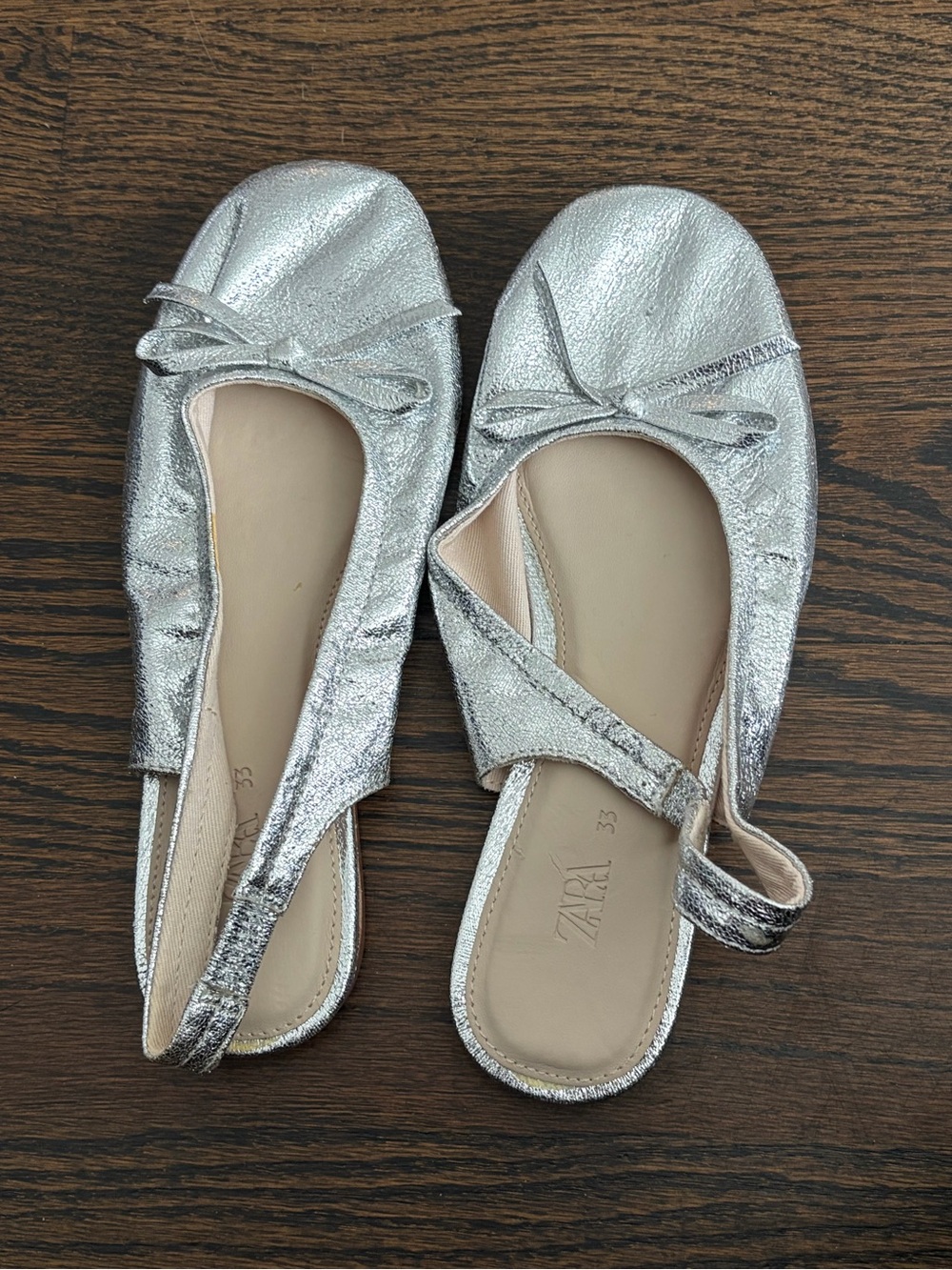 Zara Metallic Silver Slingback Ballet Flats with Bow